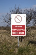 Military firing range Keep Out sign, Imber Range, Salisbury Plain military training area,