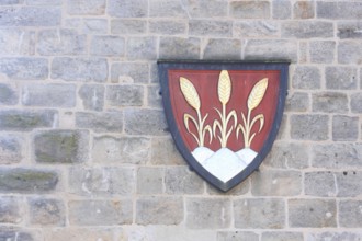 City coat of arms three ears of grain, historic Wörnitz gate, stone wall, Dinkelsbühl, Middle