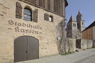 Historical box, town hall with wooden gate and collegiate church, inscription, Feuchtwangen, Middle