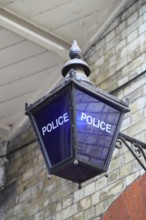 Traditional blue police lamp at Norwich railway station, Norfolk, England, UK