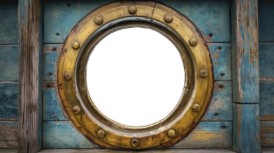 Vintage aged brass ship porthole mounted on a wooden hull with a white background. generative AI,