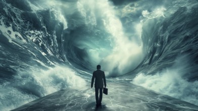 Disheartened businessman standing on the shore in the midst of approaching turbulent crashing waves