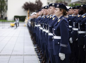 Female air force soldier and comrades of the guard battalion, taken during the final roll call of