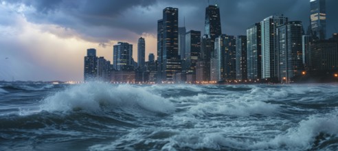 Hurricane destroys city shore, infrastructure and causing damage and floods, AI generated