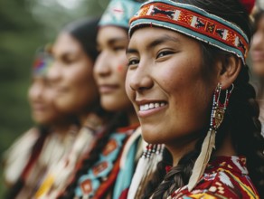 Smiling native indigenous people of Canada dressed in colorful native clothes, AI generated