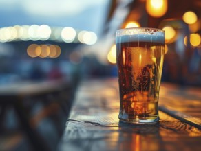 Cup of beer standing on the table ready to be consumed before the sport game, AI generated