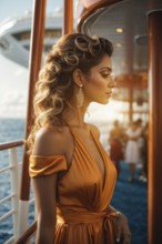 A woman in a pink long evening dress is standing on a deck on a cruise ship. The boat is surrounded