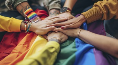 Diverse people hands over rainbow LGBTQ flag showing love, affection and unity, AI generated