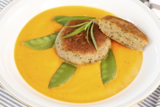 Vegetarian cuisine, walnut cakes on sugar snap peas with pumpkin sauce, sauce, vegetables, snow