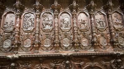 Finely carved mahogany woodwork in the cathedral choir stalls by Pedro Duque Cornejo, Cordoba,