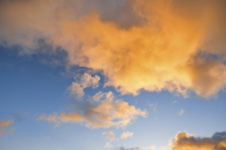 Orange spring clouds adorn the blue morning sky at sunrise