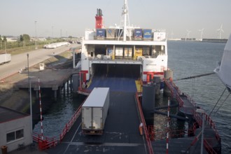 Loading lorries onto Ro-Ro cargo ship, Hook of Holland ferry terminal, Port of Rotterdam,