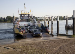 Car ferry arriving at Kinderdijk across the River Lek from Krimpen aan de Lek, near Rotterdam,