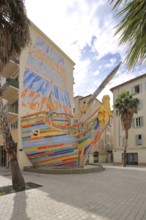 Sculpture Le Bateau Sculpture by Alexandre-Benjamin Navet 1995, colourful ship with Neptune as