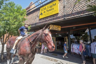 Steamboat Springs, Colorado, A boy sits on a fiberglass horse outside F.M. Light & Sons, a