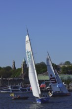 Europe, Germany, Hamburg, Elbe, View over the Elbe, Windjammer, Racing yachts, Bismarck Monument,