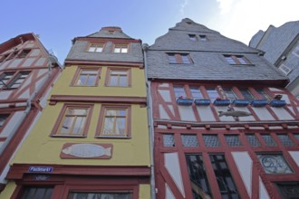 Half-timbered houses with fish figure, view upwards, slate house, gable, fish market, old town,