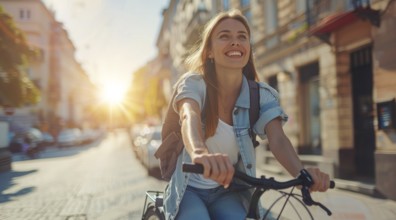 Happy young woman tourist is riding a bicycle on a European street with a smile on her face, AI