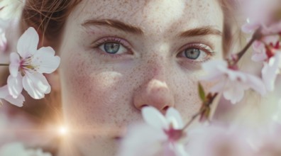 Woman with blue eyes and red hair surrounded by pink sakura flowers. Beauty and natural elegance,