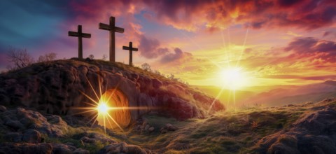 Easter concept three crosses on Golgotha Calvary hill against a dramatic sunset with open tomb of