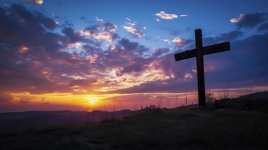 Easter concept cross on Golgotha Calvary hill against a dramatic sunset, AI generated