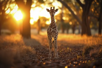 Baby giraffe standing amidst the golden rays of the setting sun, surrounded by nature s beauty, AI