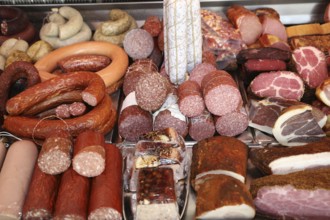 Sausage counter in a butcher's shop