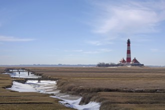 Westerheversand lighthouse in Westerhever, salt marshes, Wadden Sea National Park, North Frisia,