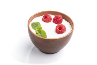 Yogurt with raspberry in clay cup isolated on white background. Side view, close up