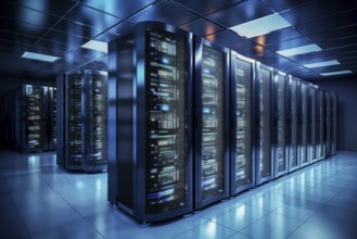 A modern data center with rows of server racks, high technology, artificial intelligence AI and