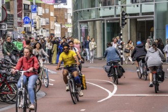 Central cycle path on the Lange Viestraat, in the centre of Utrecht, lanes for pedestrians,