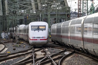 Track system in front of Cologne Central Station, Hohenzollern railway bridge over the Rhine, ICE