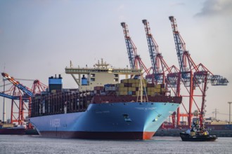 Magleby Maersk container freighter leaves Waltershof harbour after several days at EUROGATE