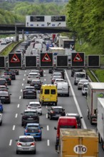 The A3 motorway, heavy traffic on 8 lanes, including the temporarily open hard shoulder, in front