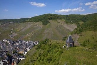 View of a town and a stone hut on a hill surrounded by vineyards and nature, Bernkastel-Kues,