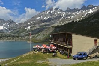 The mountain hut Auberge de Salanfe on the mountain lake Salanfe, Lac de Salanfe, Salvan, Valais,