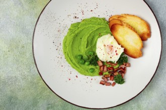 Mashed peas, with boiled egg, fried bacon, toast, baguette, breakfast, homemade, no people