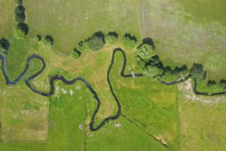 Aerial view over meander belt in meandering Klingavälsån river, tributary to Kävlingeån in the