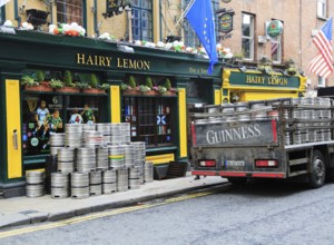 Delivery of Guinness beer barrels to traditional Hairy Lemon pub, city of Dublin, Ireland, Irish