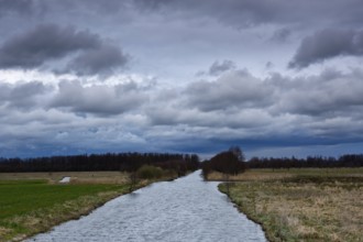 Ditch on the river Trebel in the evening light, old agricultural harbour, Flusslandschaft Peenetal