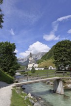 Parish church of St Sebastian with Ramsauer Ache, Reiteralpe in the background, Ramsau,