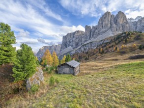 Hut in front of Sella Group, Gardena Pass, Passo Gardena, autumn, Sella Group, Dolomites, Bolzano,