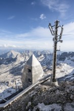 Transmission mast and building, at the summit of the Zugspitze, Wetterstein range, Bavaria,