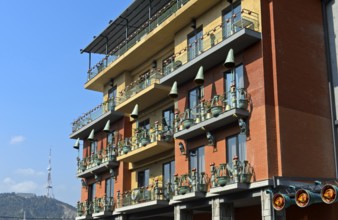 Folkloristic façade design with Georgian style elements, Brim Hotel, Tbilisi, Georgia, Asia