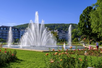 Fountain in the spa gardens and rose garden, Bad Kissingen, Rhön, Lower Franconia, Franconia,