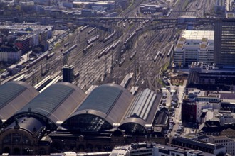 View from the observation deck of the Main Tower to the main railway station, railway tracks,