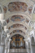 Baroque vault with organ loft of the Basilica of St Mauritius, Niederaltaich, Lower Bavaria,