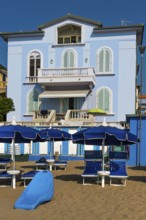 House on the beach, property, blue, coloured, facade, balcony, estate, empty, nobody, tourism,