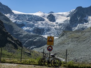 Hiking signpost at the Moiry glacier, Valais, Switzerland, Europe