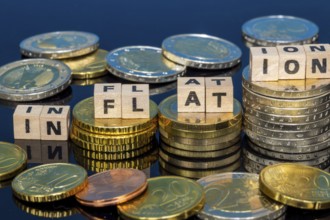 Symbolic image of inflation: euro coins and letters displaying the word INFLATION